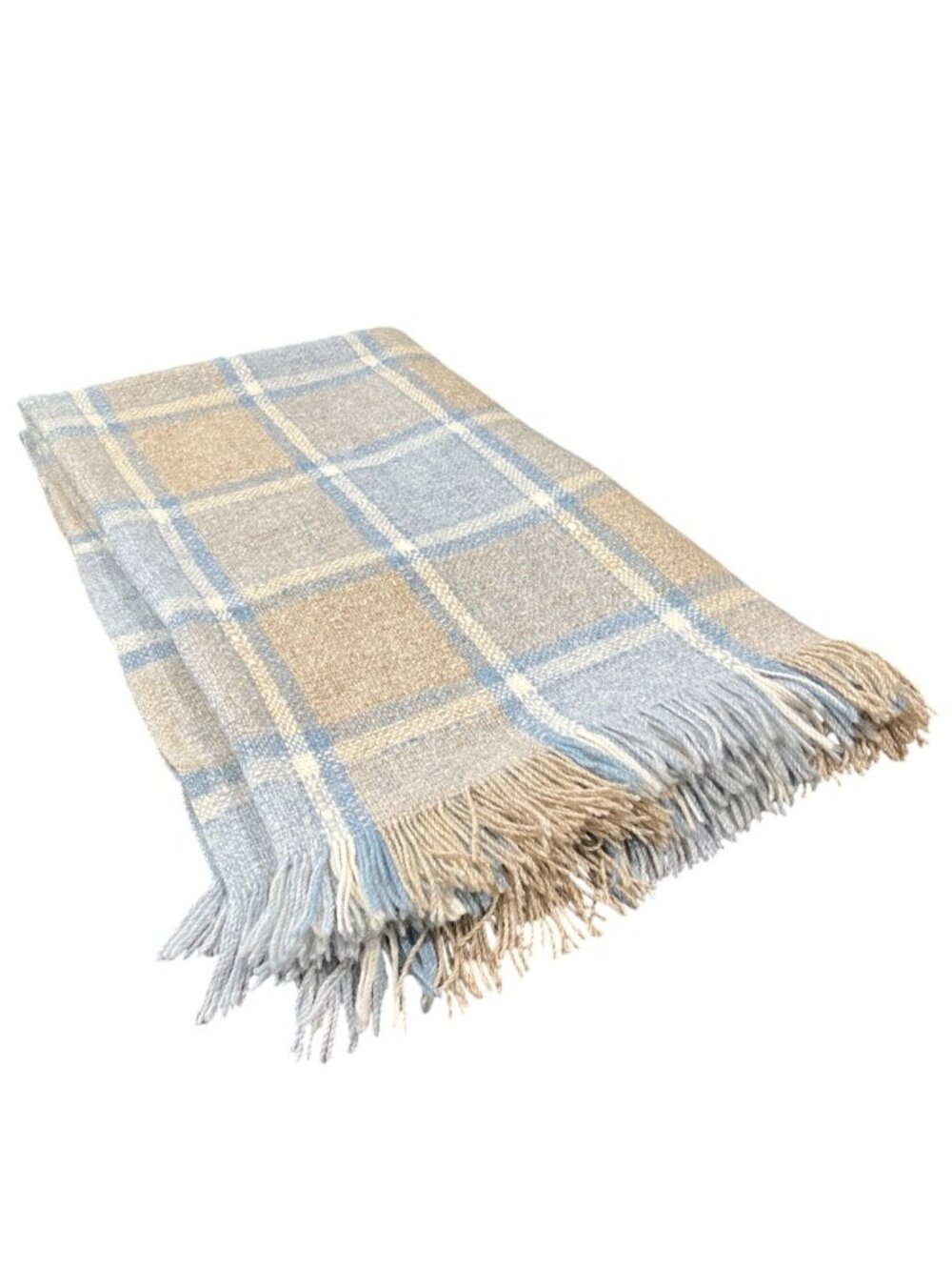 Pendleton Virgin Wool Fringed Throw Blanket Pastel Blue Tan Plaid Vintage - Picture 2 of 6